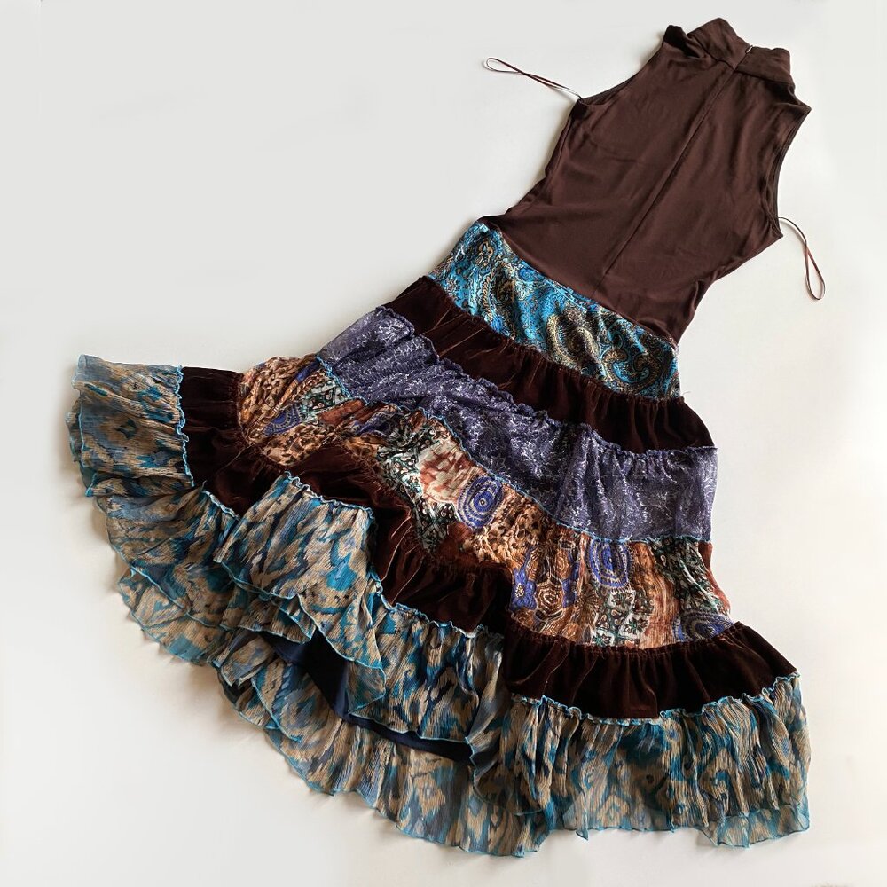 Vintage Y2K Cache Boho Tiered Patchwork Maxi Dress Brown Silk Blend Size 6 - Picture 11 of 11